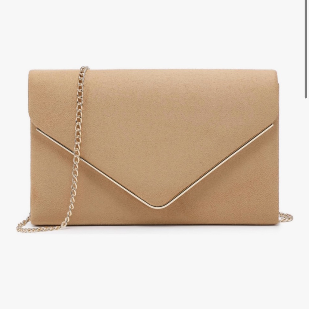 Tan Envelope Clutch Purse with Gold Chain